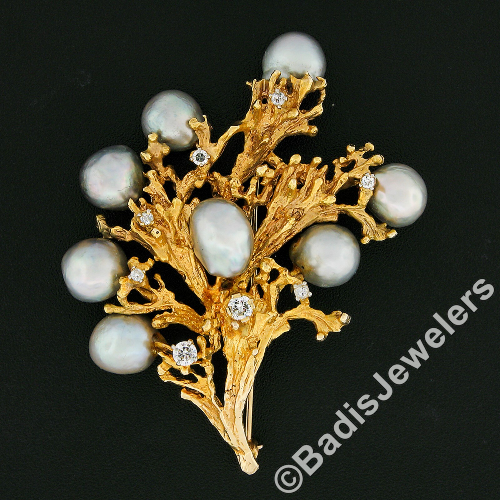 Vintage Textured 14K Gold Gray Pearl Diamond Freeform Flower Cluster Pin Brooch