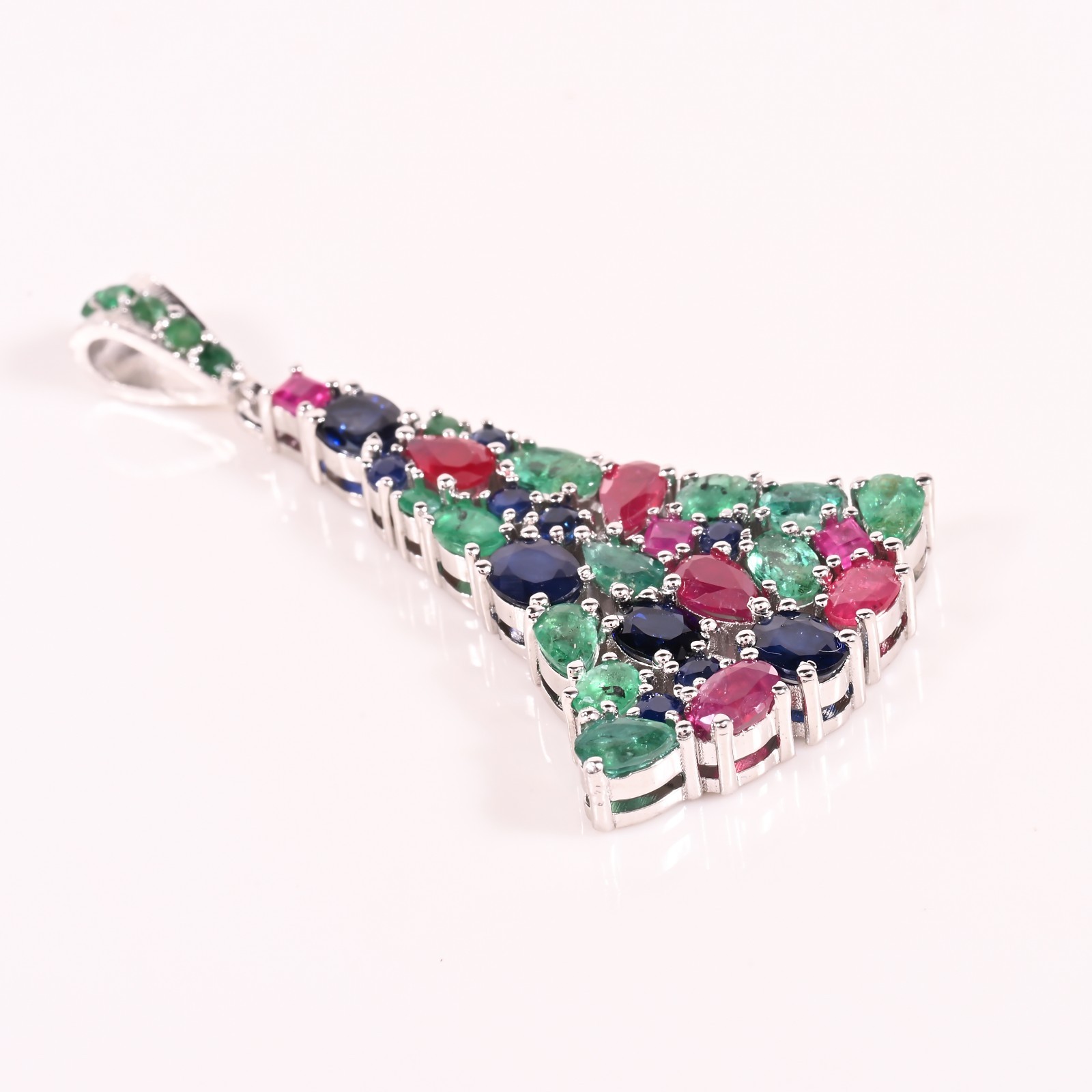 Natural Multi Stone Triangle Pendant Emerald Ruby Sapphire 925 Silver Jewelry