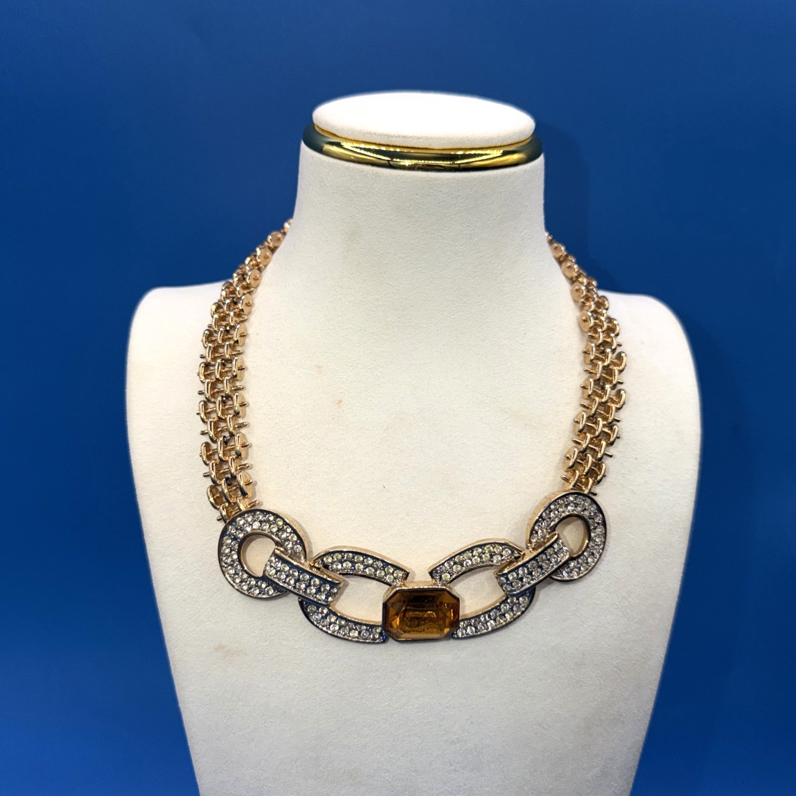 Vintage Gold‑Tone Pavé Link Necklace w/ Yellow Gemstone & Rhinestones