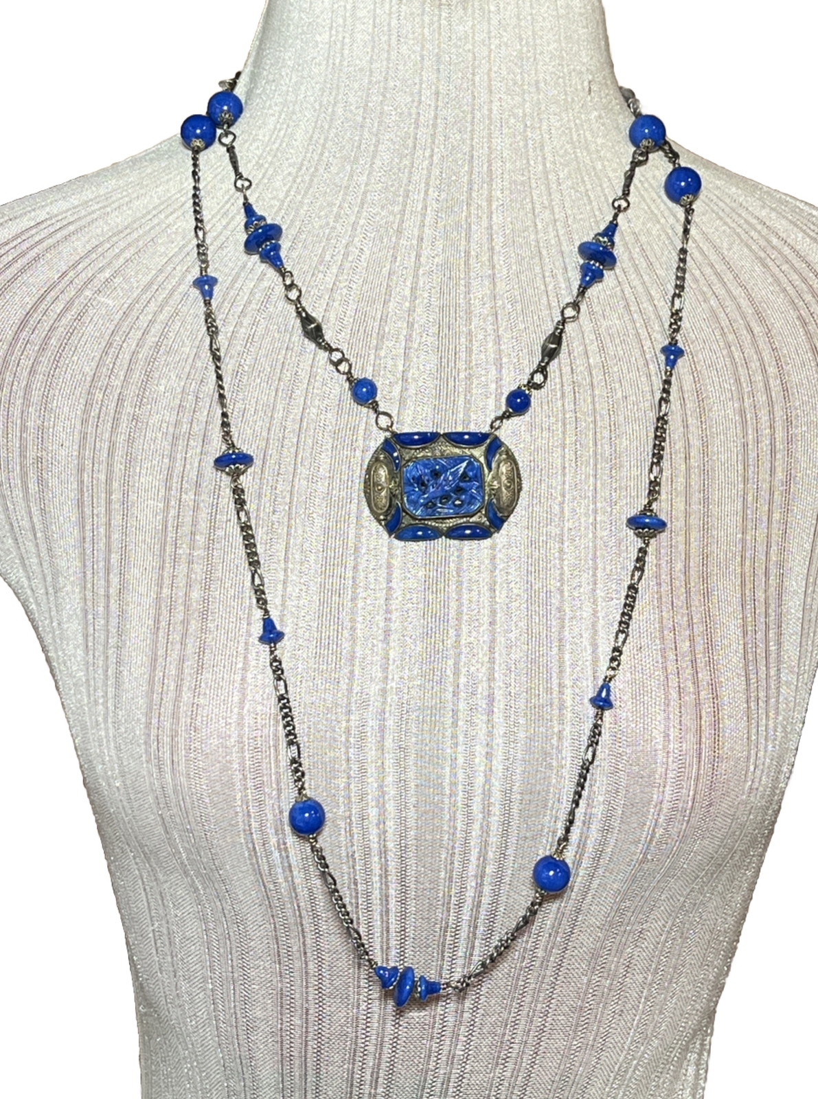 Deco Egyptian Revival Cech Style Stone Bead Blue Station Pendant Necklace RR1520
