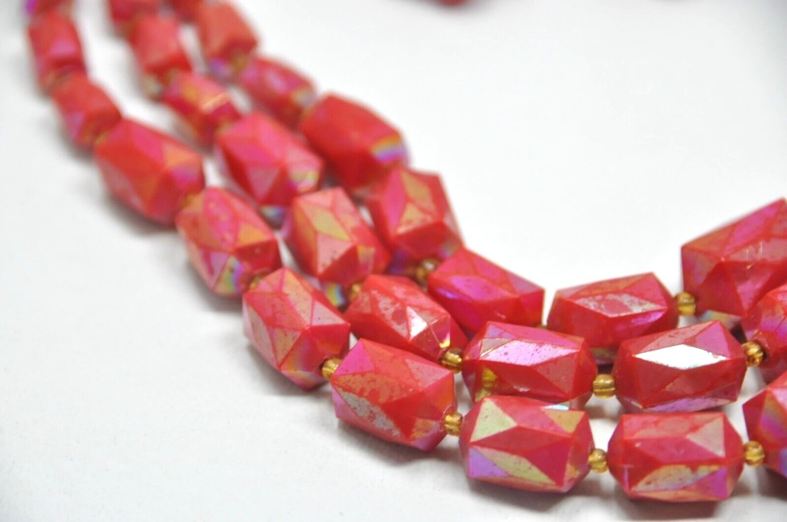 Vintage Austria Red Iridescent Triple 3 Strand Faceted Beaded Necklace
