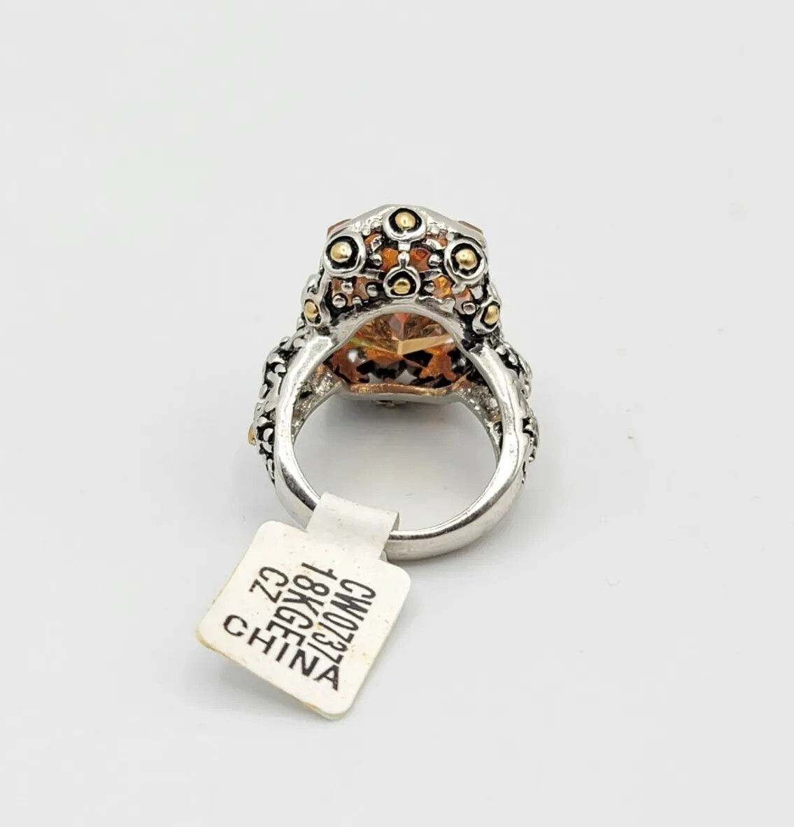 Vtg Sz 7 Ring Lg Citrine Topaz Cubic Zirconia 2-tone Statement Fashion Jewelry T
