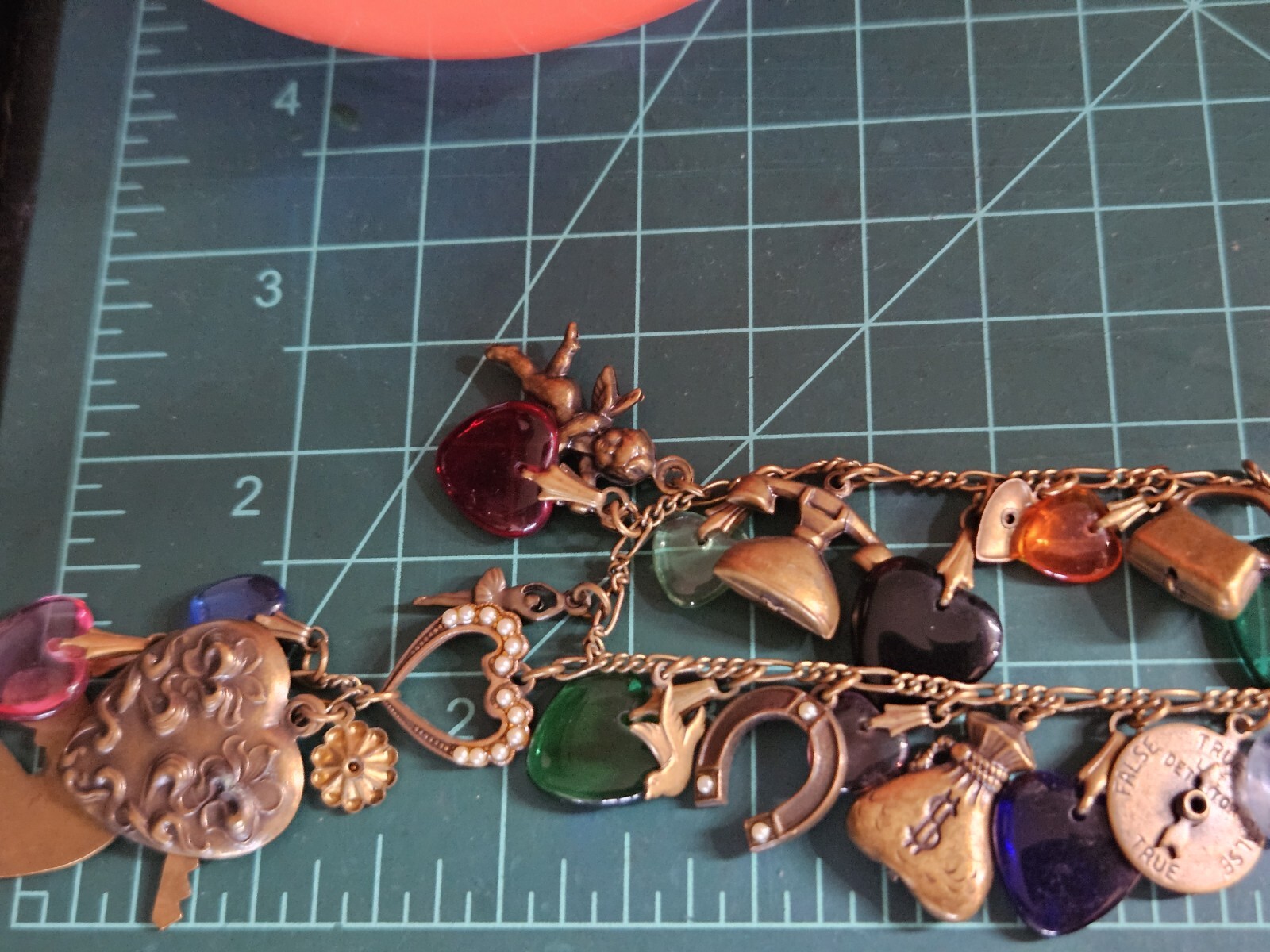 Glass Works Studio Brass Tone Multicolor Glass Dangle Hearts Charm Necklace