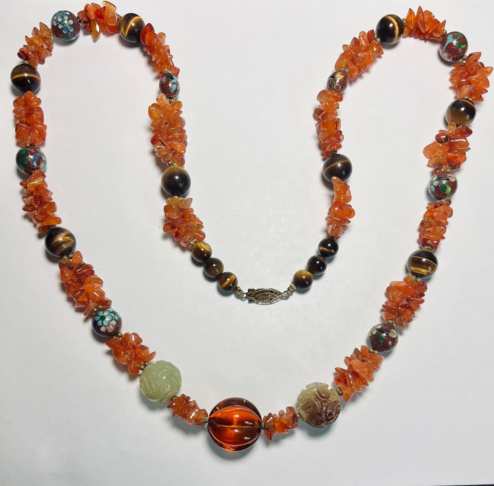 VTG Chinese Carved Jade Balls, Tiger’s Eye, Cloisonne & Carnelian Stone Necklace