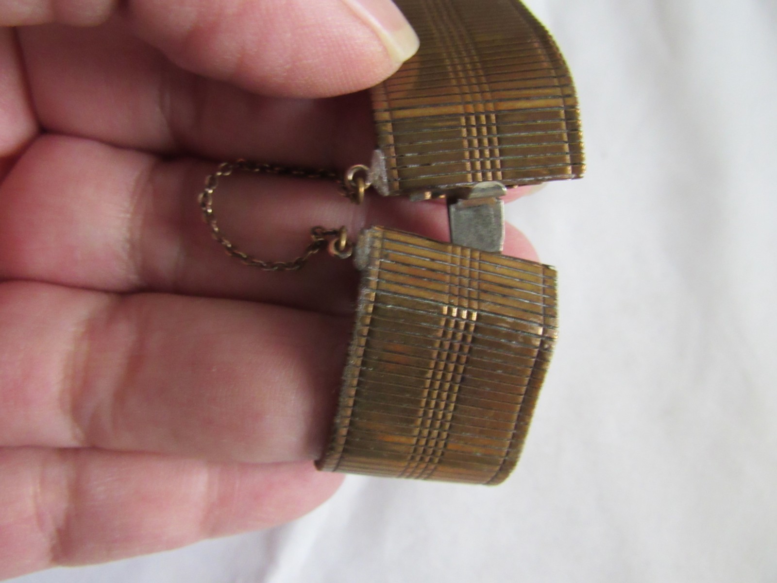 Brass Mesh Vintage Bracelet with Center Stone Medallion & Safety Chain Clasp