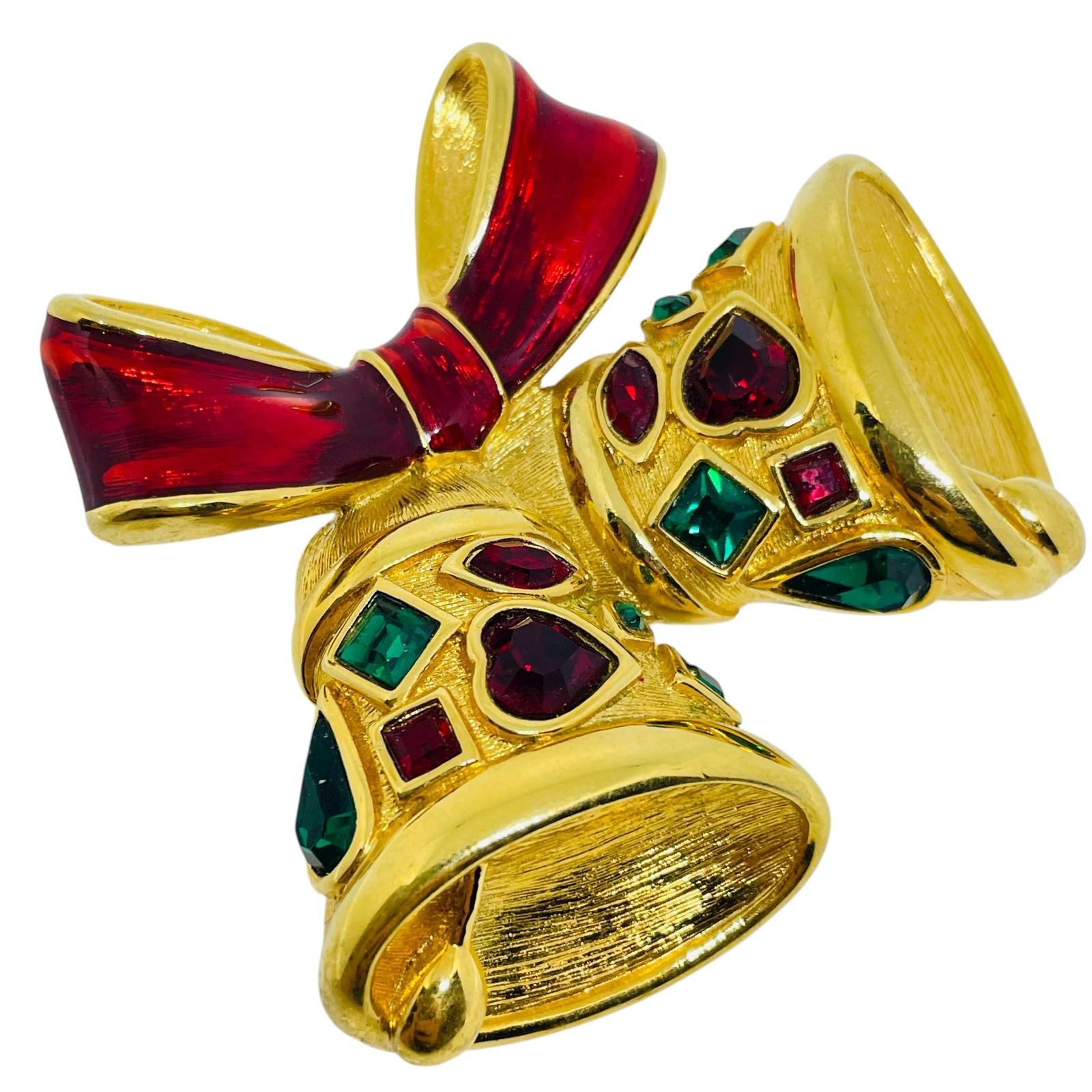 Vintage gold tone rhinestones enamel Christmas holiday bells bow designer brooch