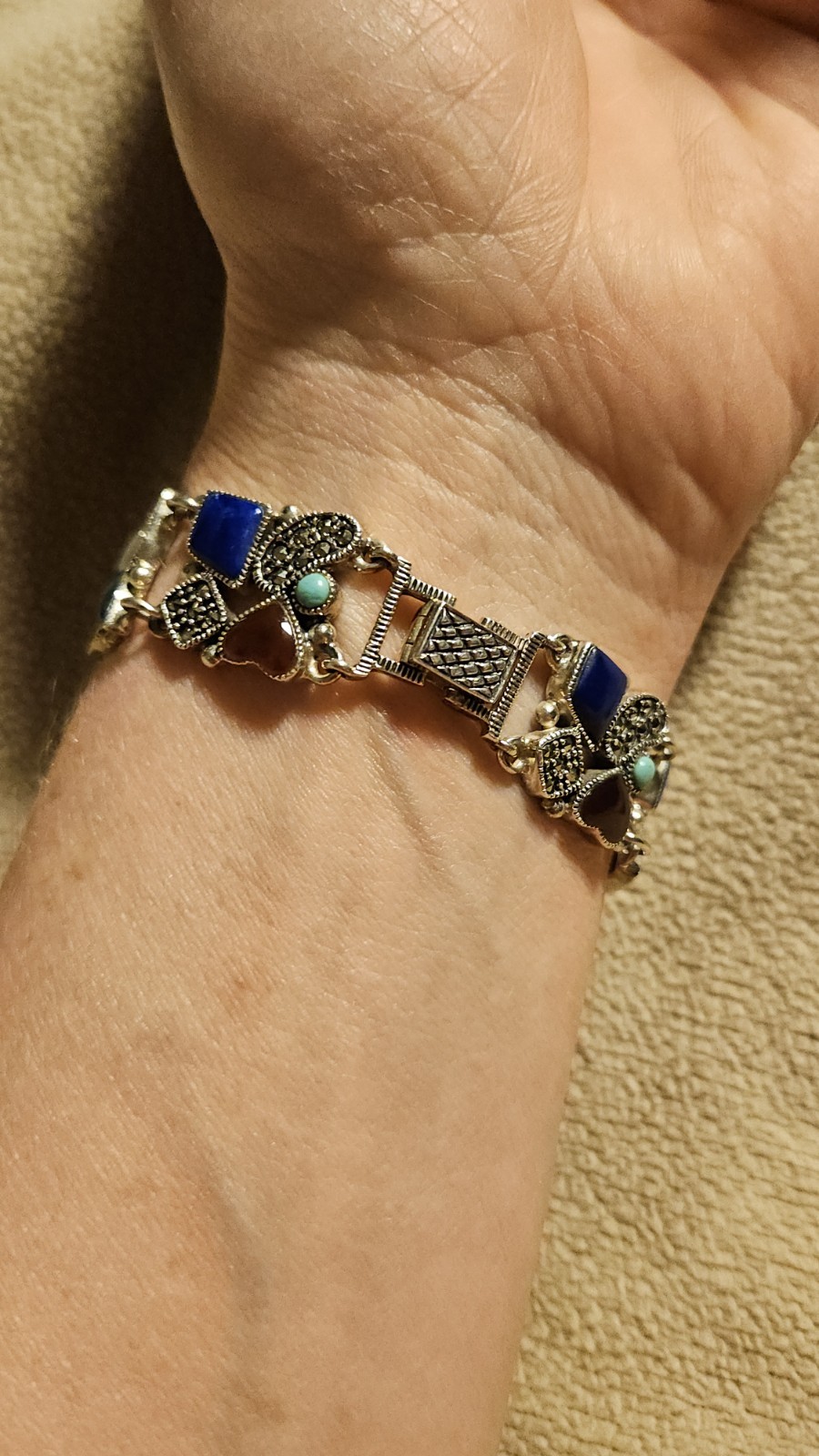 Vintage Signed CW 925 Sterling Silver Multi-Gemstone Marcasite Bracelet 7.5″