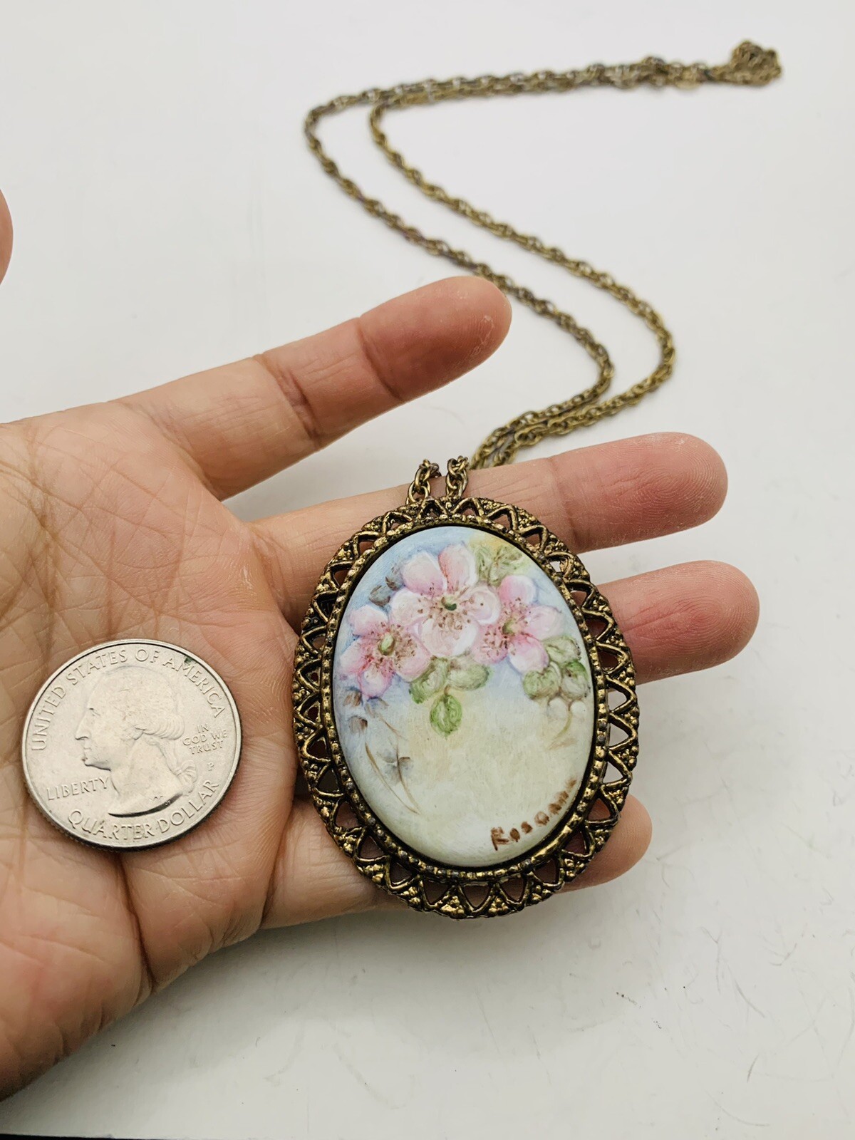 Vintage Cottagecore Hand Painted Pink Flower Nature Scene Artist Signed Necklace