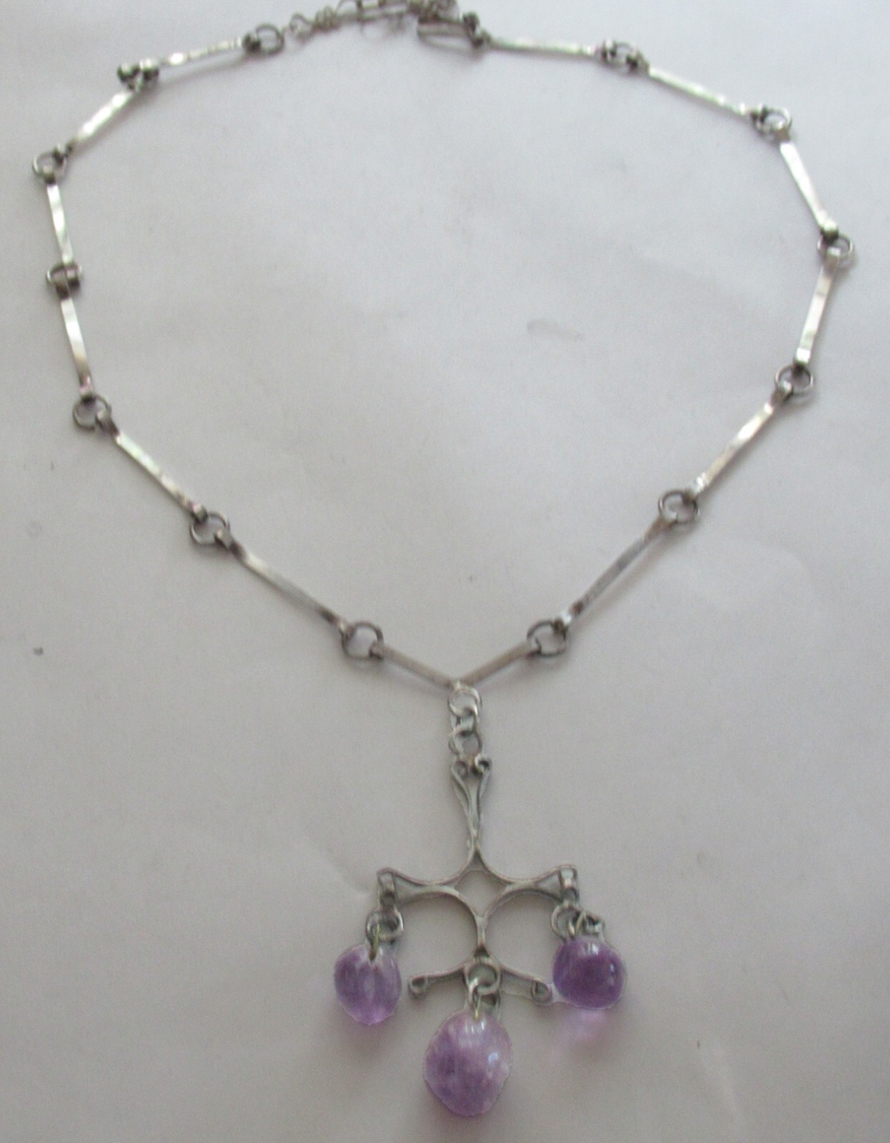 HANDMADE STERLING MODERNIST NECKLACE w AMETHYST, 2 3/8″ PENDANT, 18 INCHES
