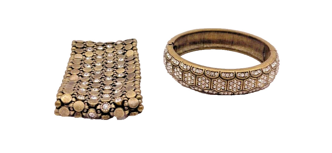 Set of 2 Vintage Gold Plated Adjustable Bracelets With Simulated Diamond Stones