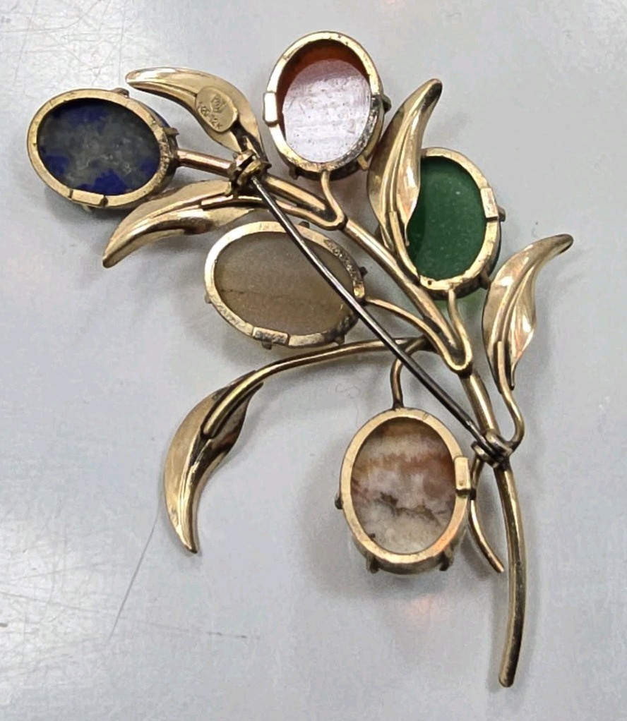 Vintage 1/20 12k Yellow Gold Filled Green Red Oval Stone Leaf Pin Brooch
