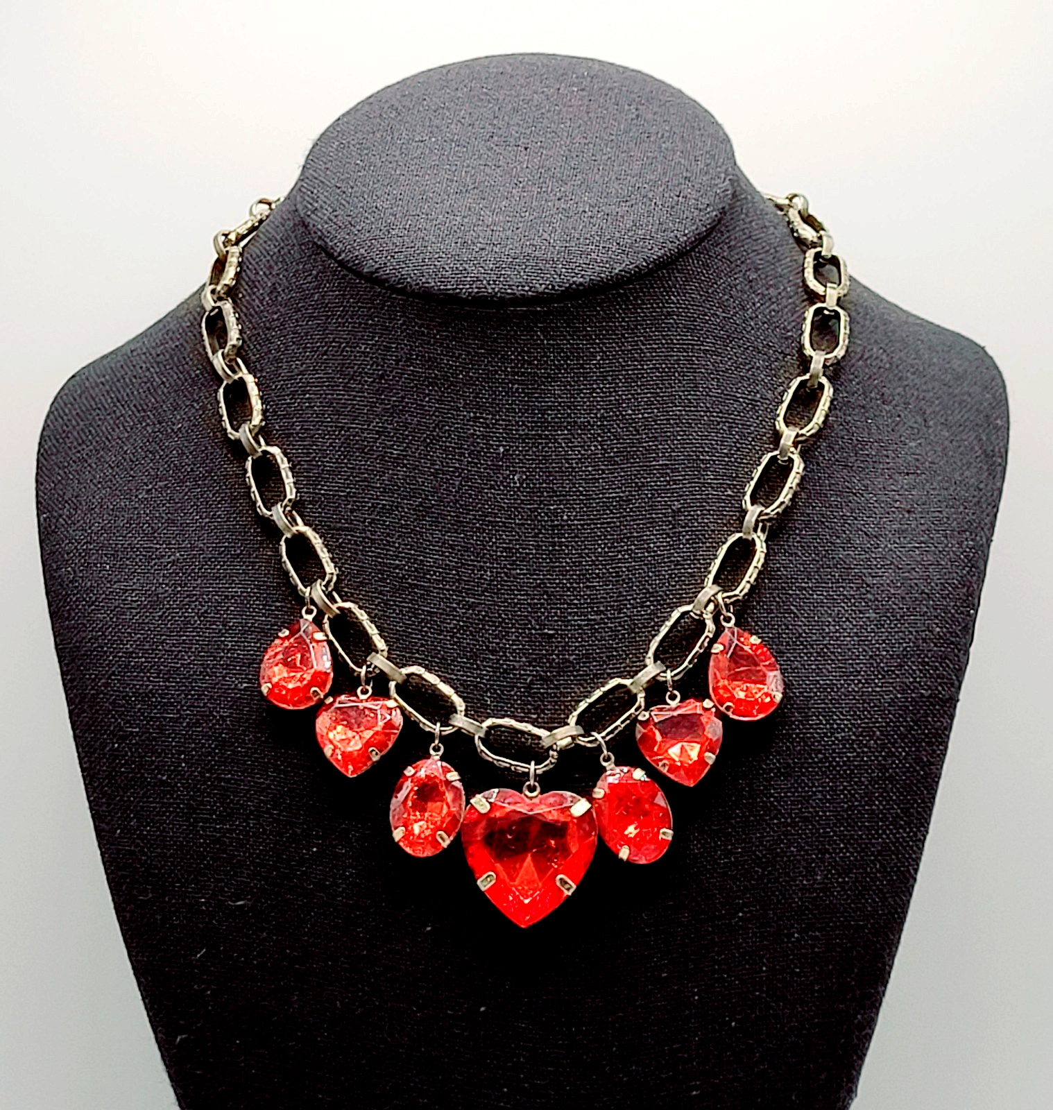 Red Acrylic Gem Statement Red Heart Brass Tone Large Link Vintage Necklace 17 In