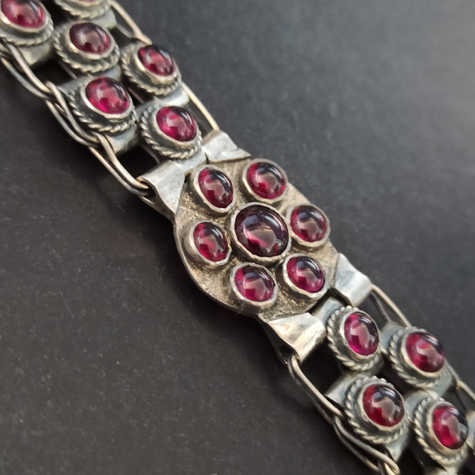 Vintage Garnet Bracelet 925 Silver Wide Statement Artisan GI OOAK Ethnic Boho