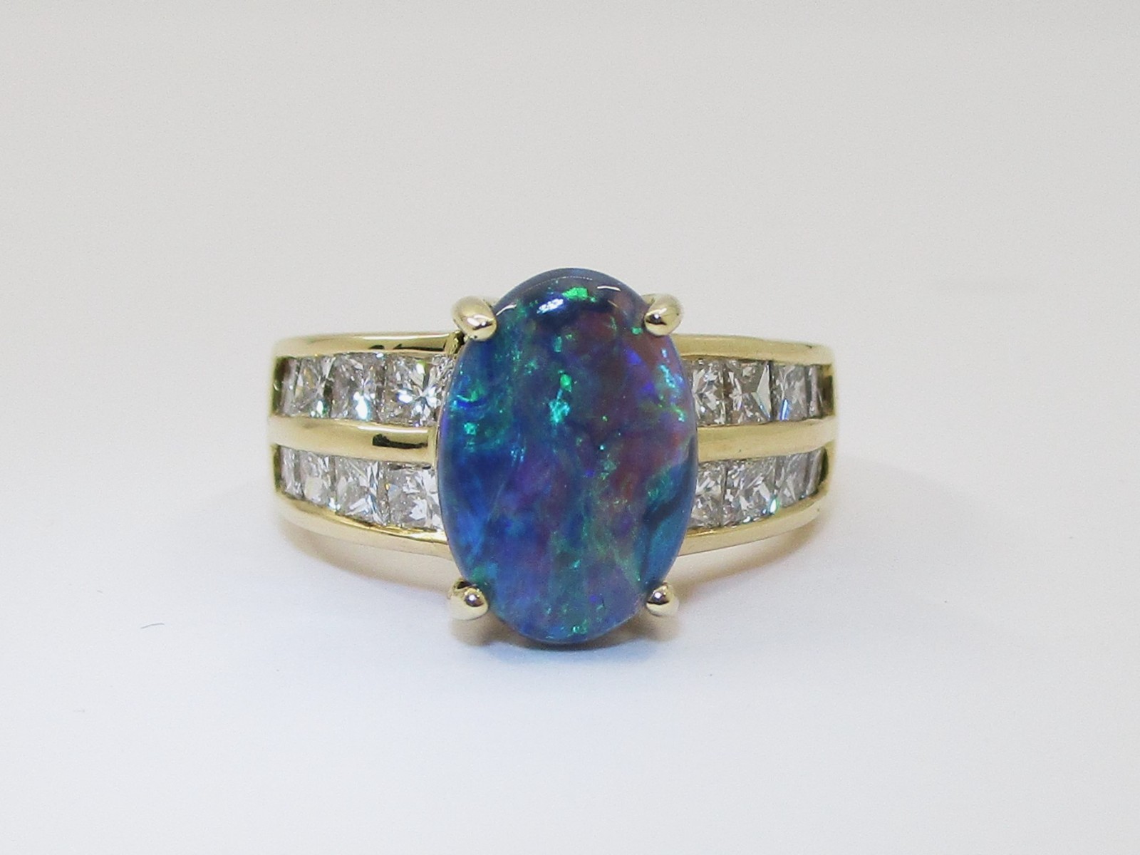 1.52CT Black Opal 0.88CTW Princess Cut Diamond Ring 14K Yellow Gold Size 4