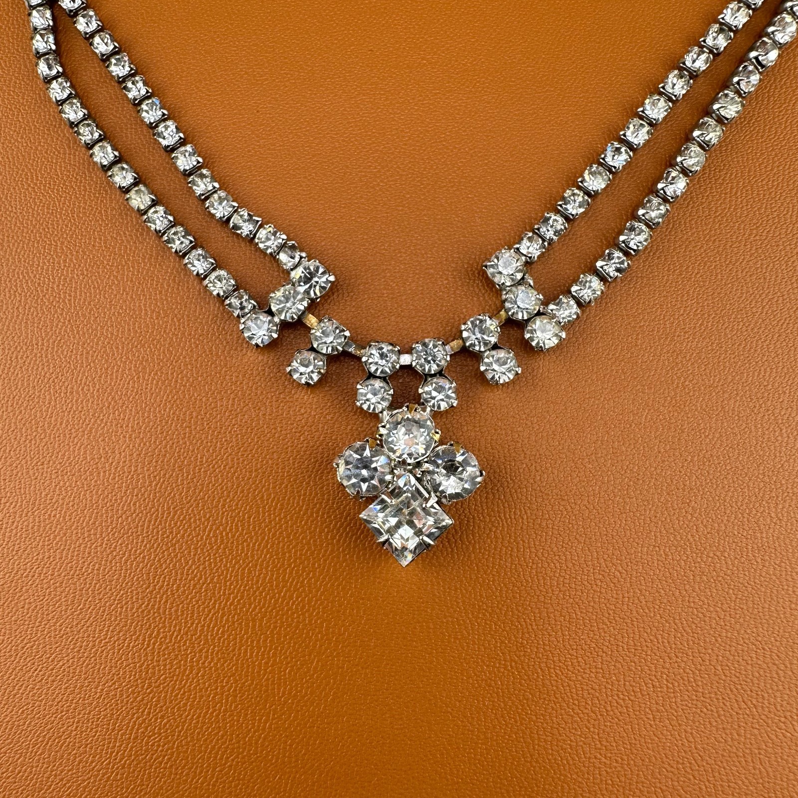 Vintage Rhinestone Festoon Style Necklace Silver Tone Cup Chain Clear Stones
