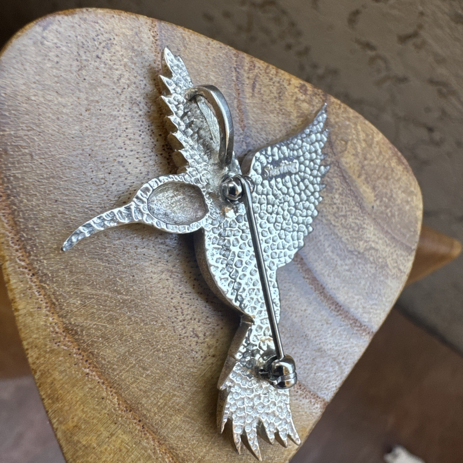 Vintage Sterling Silver Gaspeite+Opal Green Inlay Hummingbird PENDANT or BROOCH