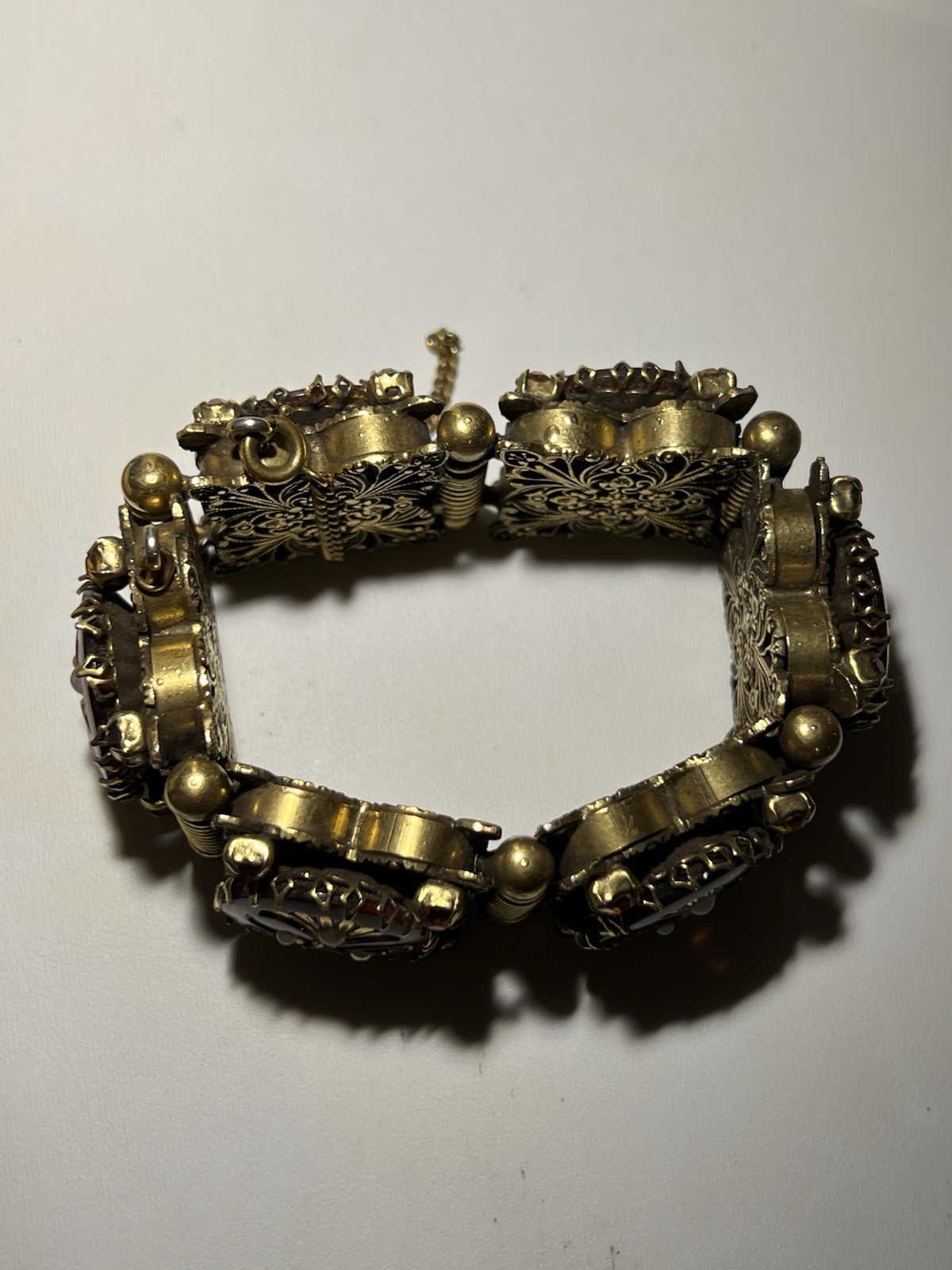 Vintage Chunky Brass Amber & Pearl Lucite Panel Bracelet Size 6.25