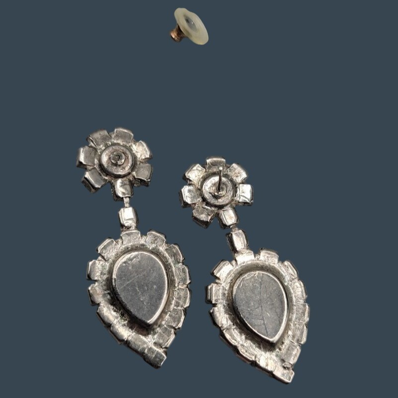 Vintage Art Deco Baby Blue Clear Rhinestone Teardrop Dangle Post Earrings