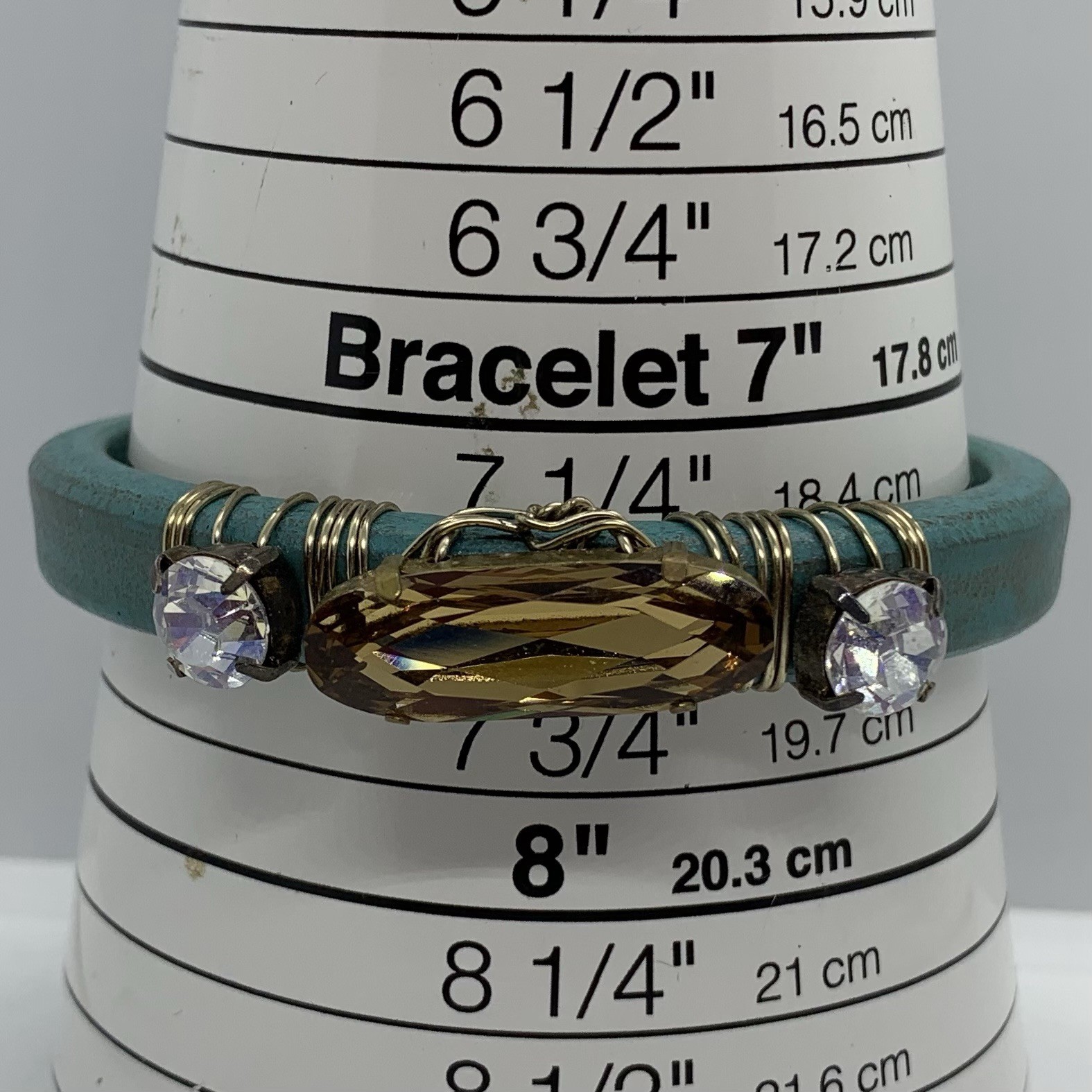 Vtg Turquoise Leather Rhinestone Bangle Cuff Bracelet Size 7.5” Southwestern