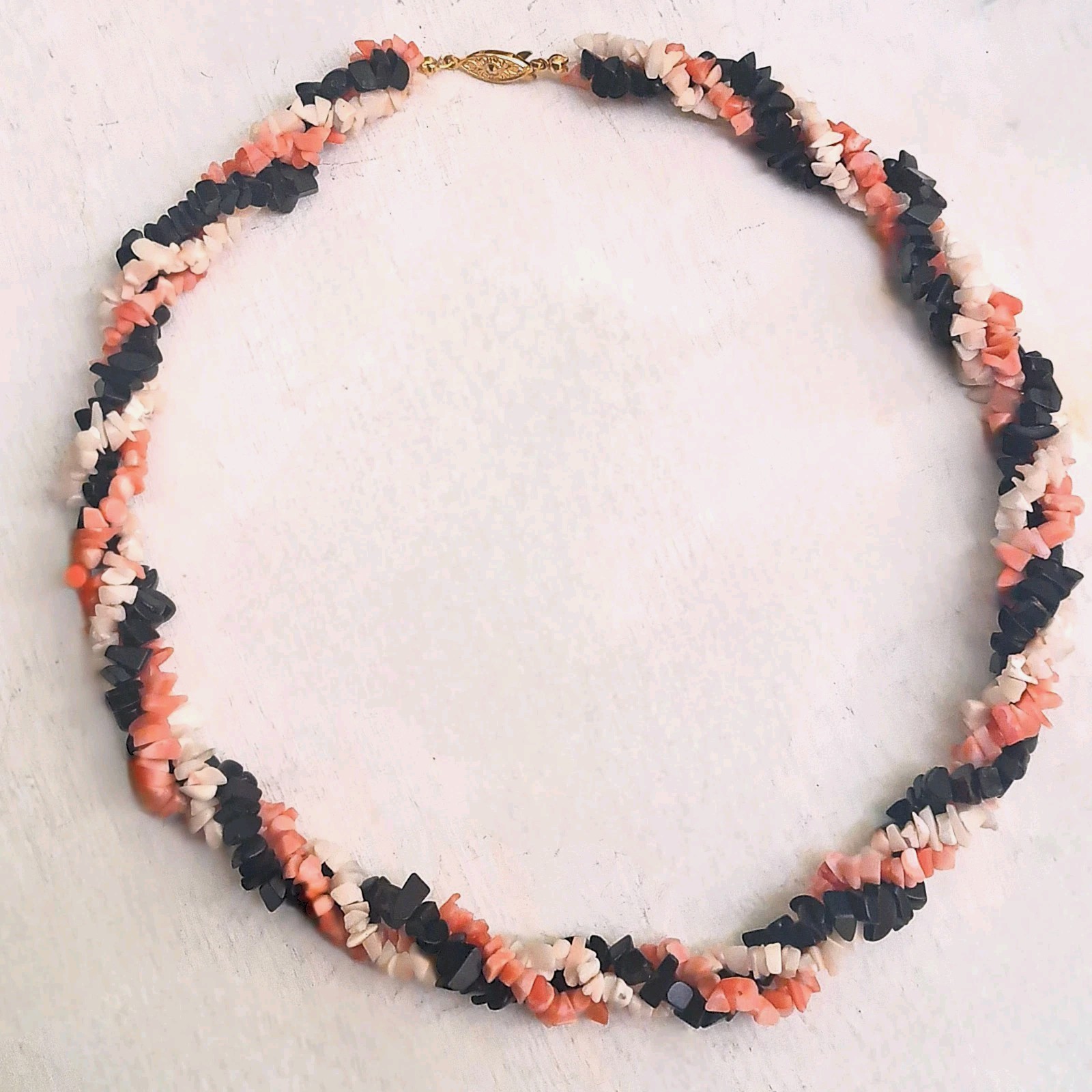 Gorgeous Pink Angelskin/Black/White Coral Necklace 19″ w/ Antique Fishhook Clasp