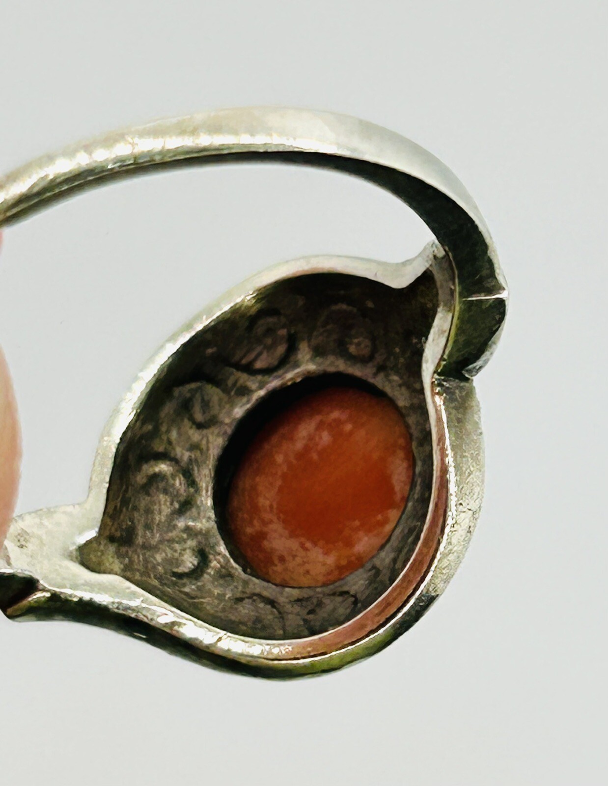 Vintage Sterling Silver Cabochon Coral & Marcasite Ring Sz 5.5