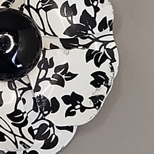 Vintage Enamel Flower Brooch White Black Vines Round 2.75″