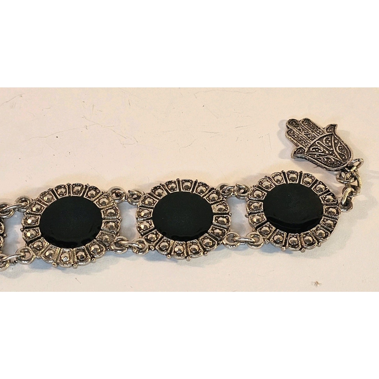 Vintage Souvenir Du Maroc Ornate Silver Bracelet w/Black Circles 8-9″