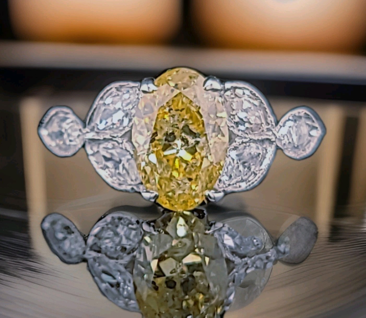 Vintage Platinum Engagement Ring 1.52CT.Natural Yellow Diamond Oval Shape