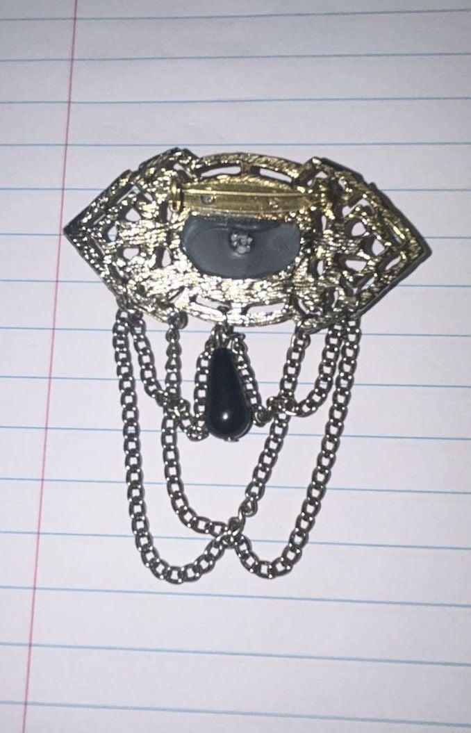 Vintage Filigree Brooch w/ Black Center Faux Stone & Chain Dangle