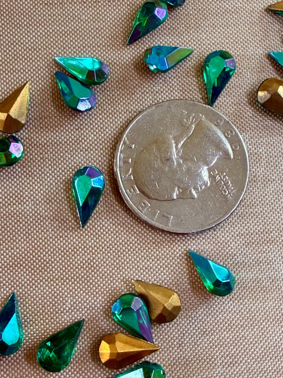 55 Vintage Emerald AB Pear Rhinestones 10x6mm Pointed Back Glass Stones NOS Jewe