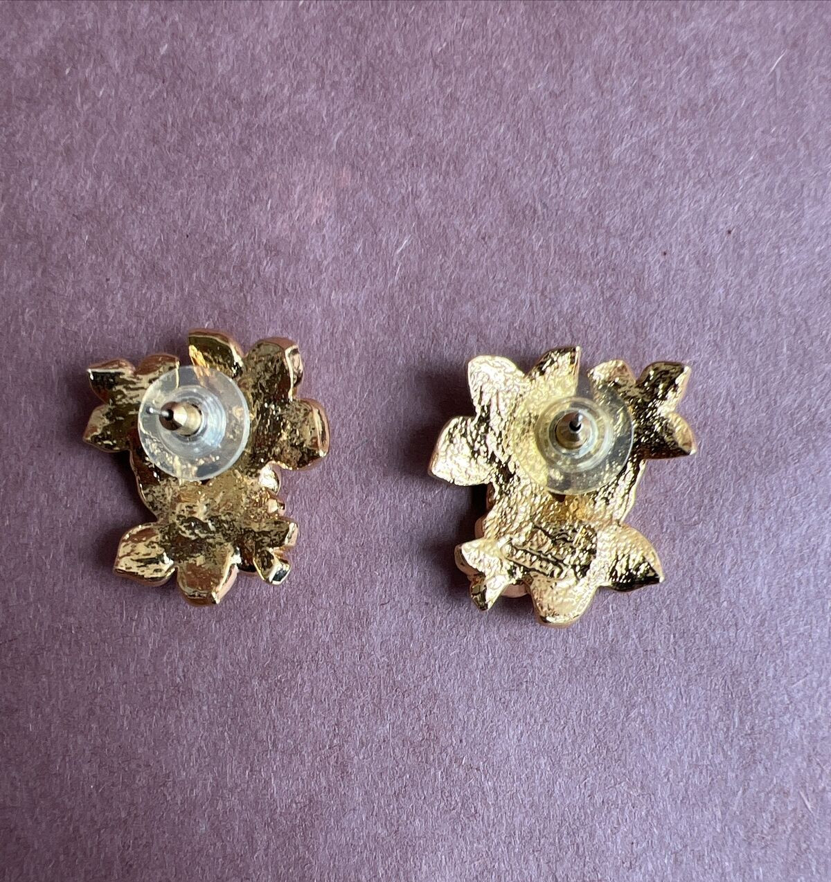 Avon Gold Tone Four Flower Earrings With Blue And Purple Gem Centers