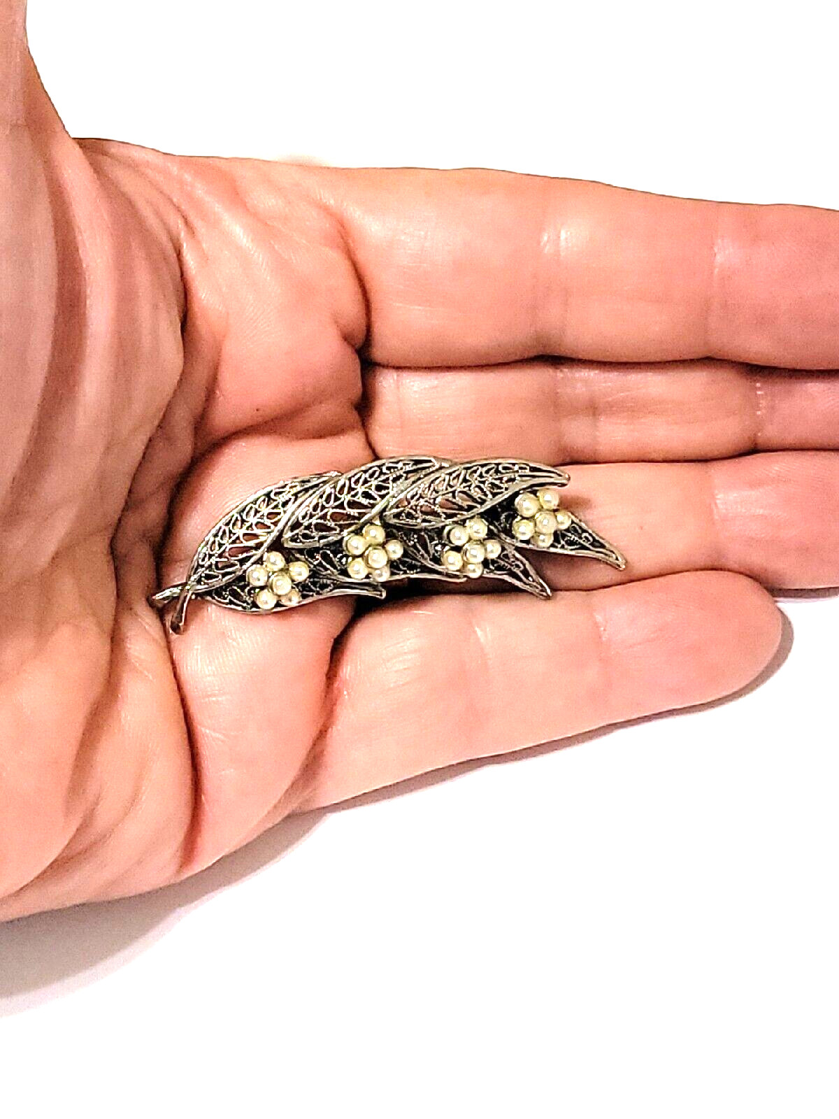 Vintage Floral Signed Tacoa Brooch Pin, Silver-tone Filigree Leafs & Flowers