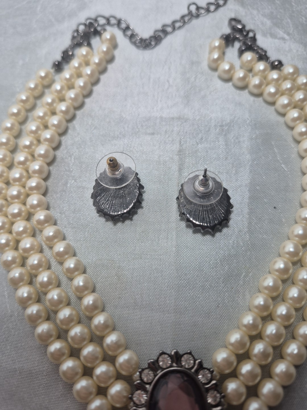 Vintage Faux Pearl 3 Strand Choker With Earrings Smokey Gray Rhinestones