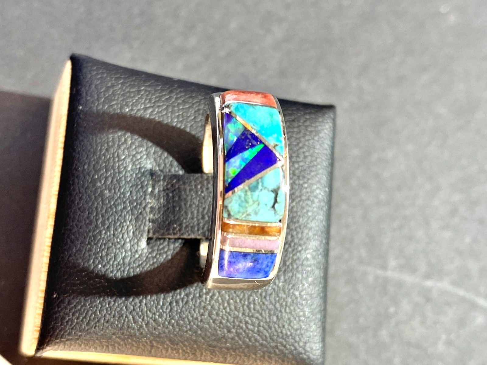 Vintage Sterling Navajo Earl Plummer Multi-Stone Channel Inlay Ring Size 7.5