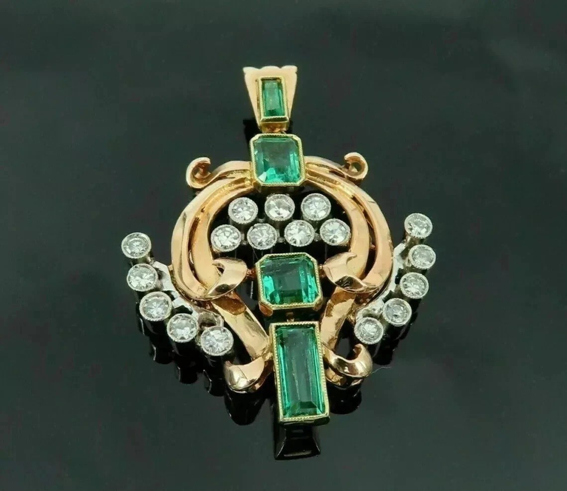 Antique 3.10CT Emerald Cut Real Emerald Pendant Vintage 14K Two-Tone Gold Finish