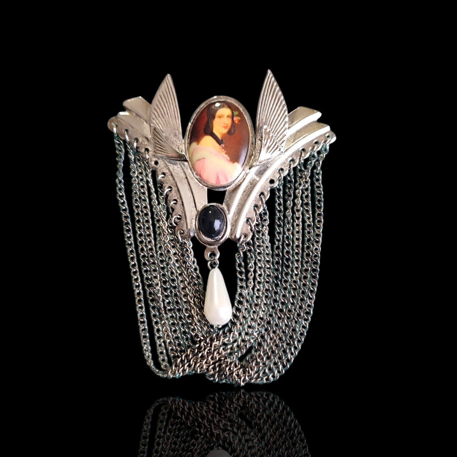 Art Deco Revival Style Porcelain Portrait Silver Tone Plate Brooch Pin