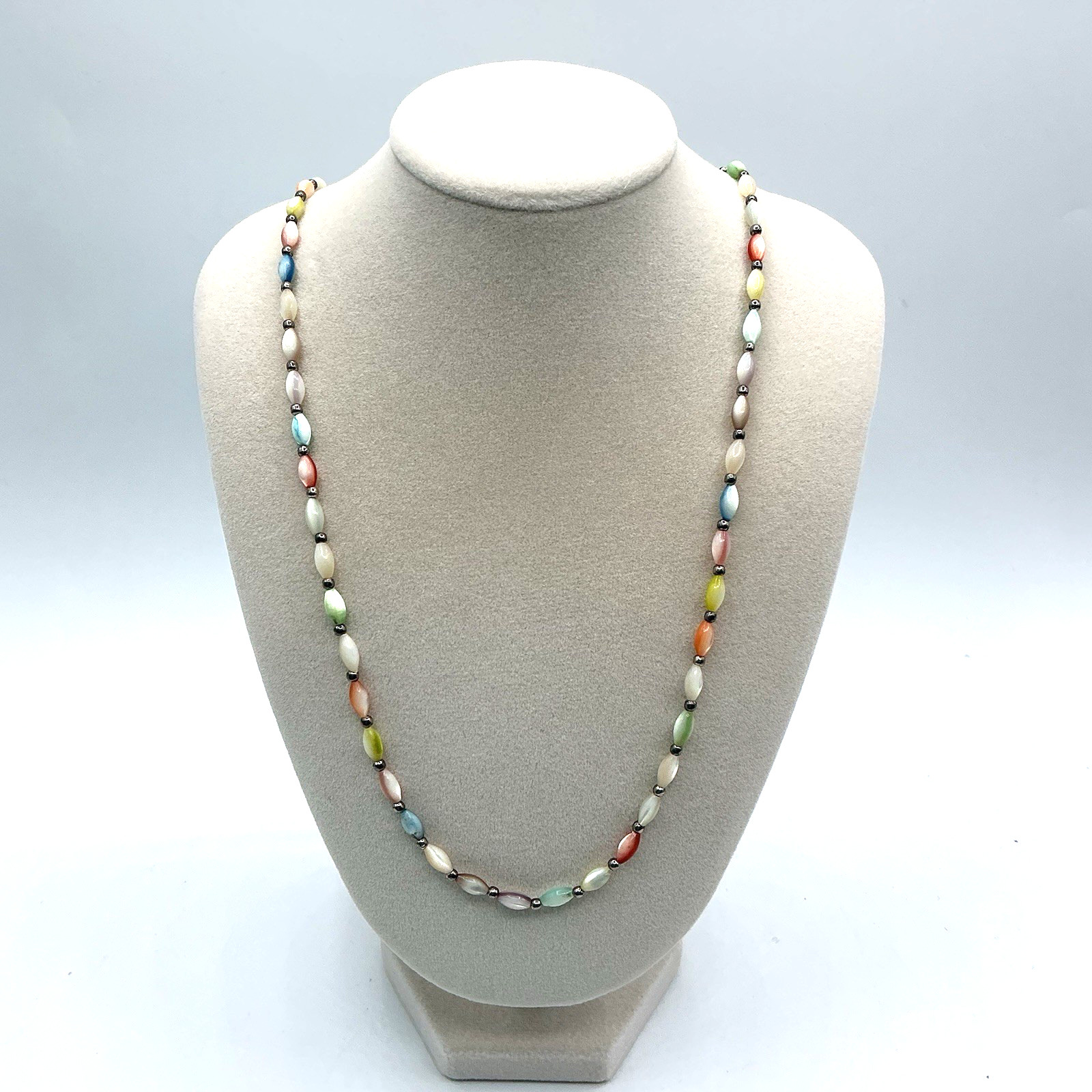 Vintage Multicolor Pastel Thin Bead 26″ Necklace Hook Clasp Blue Pink Yellow