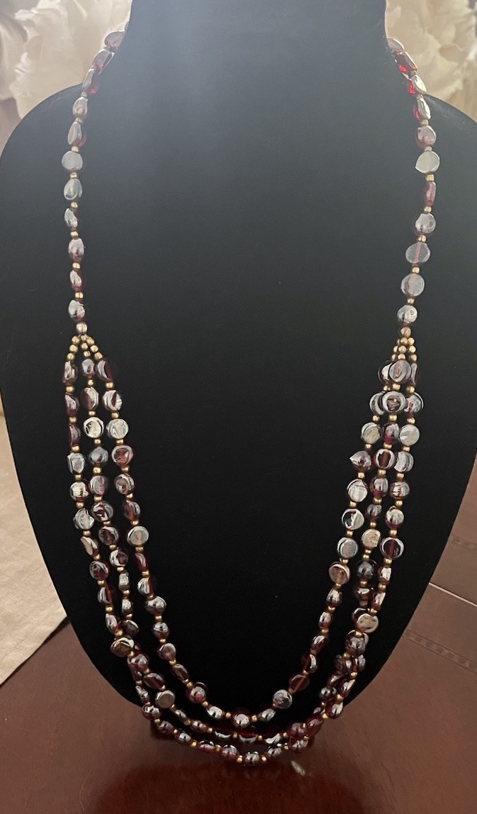 Vintage Red Garnet Iridescent Glass Gold Beaded Triple Layered 30” Bib Necklace