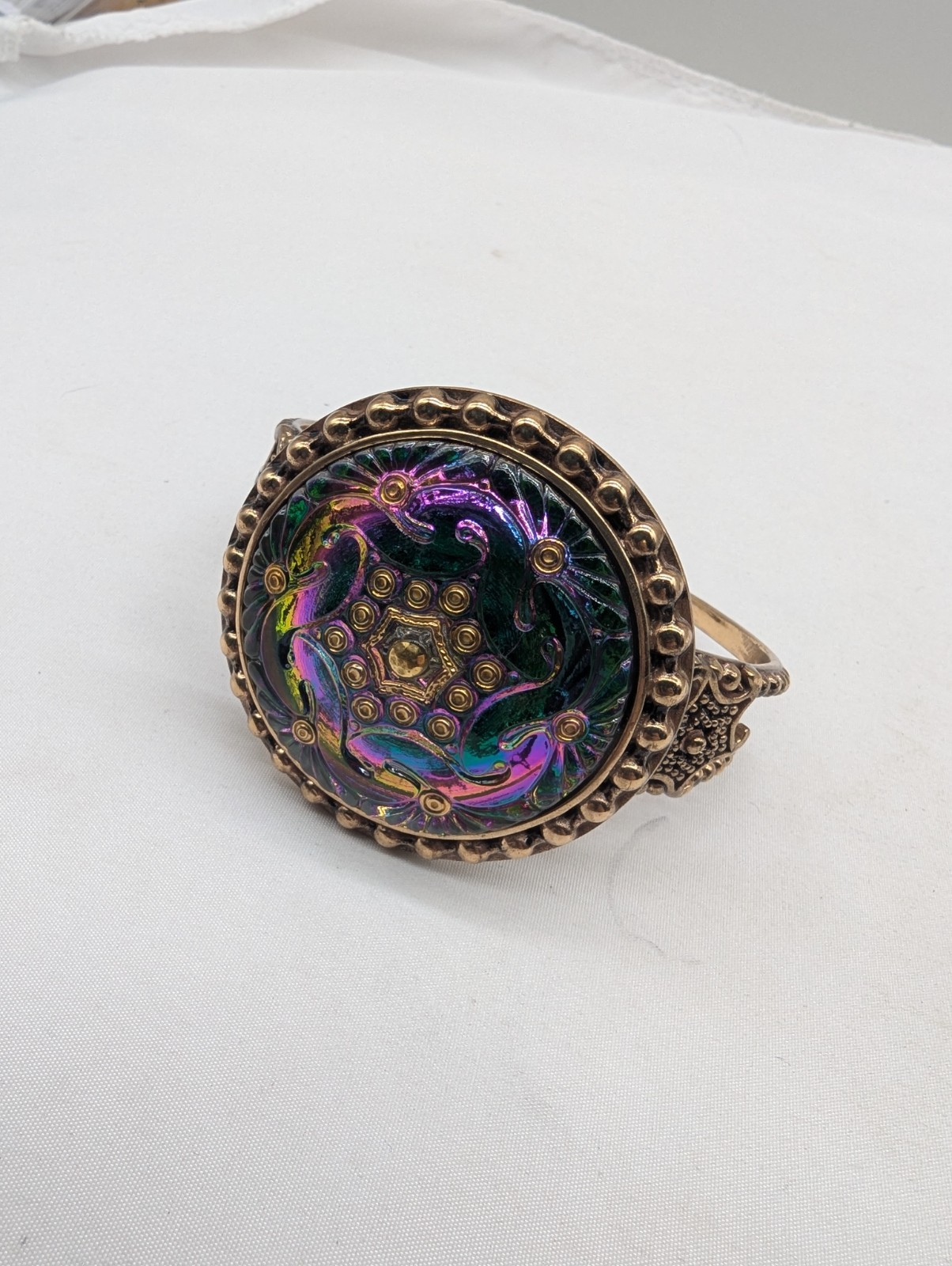 Huge Amy Kahn Russell Bronze Iridescent Art Glass Cuff Bracelet Sz 7.5