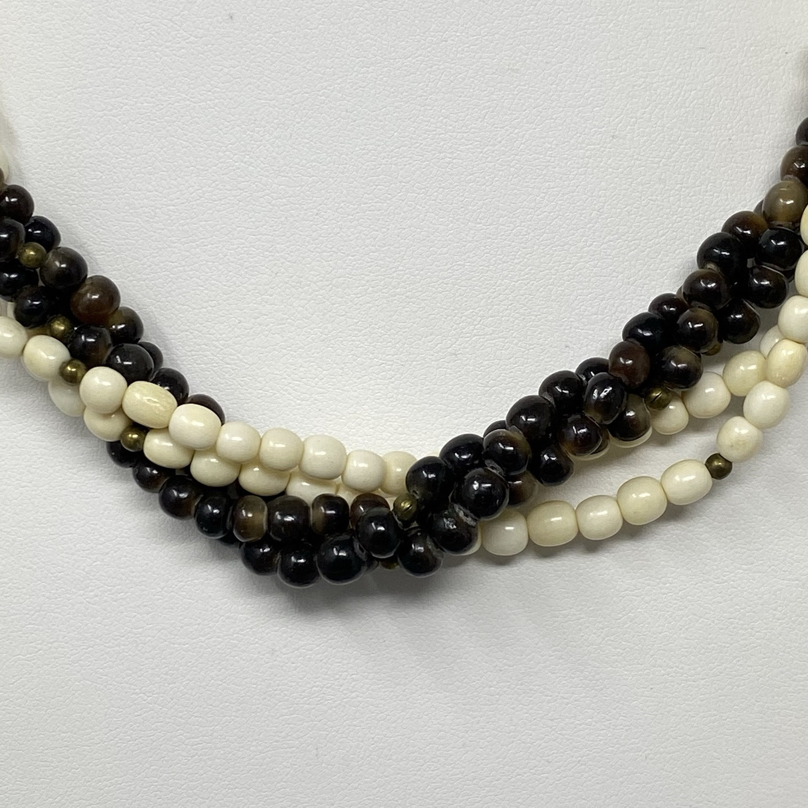 Torsade Twist Necklace Brown White Beads Glass Shell Beach Bohemian Collar 22″