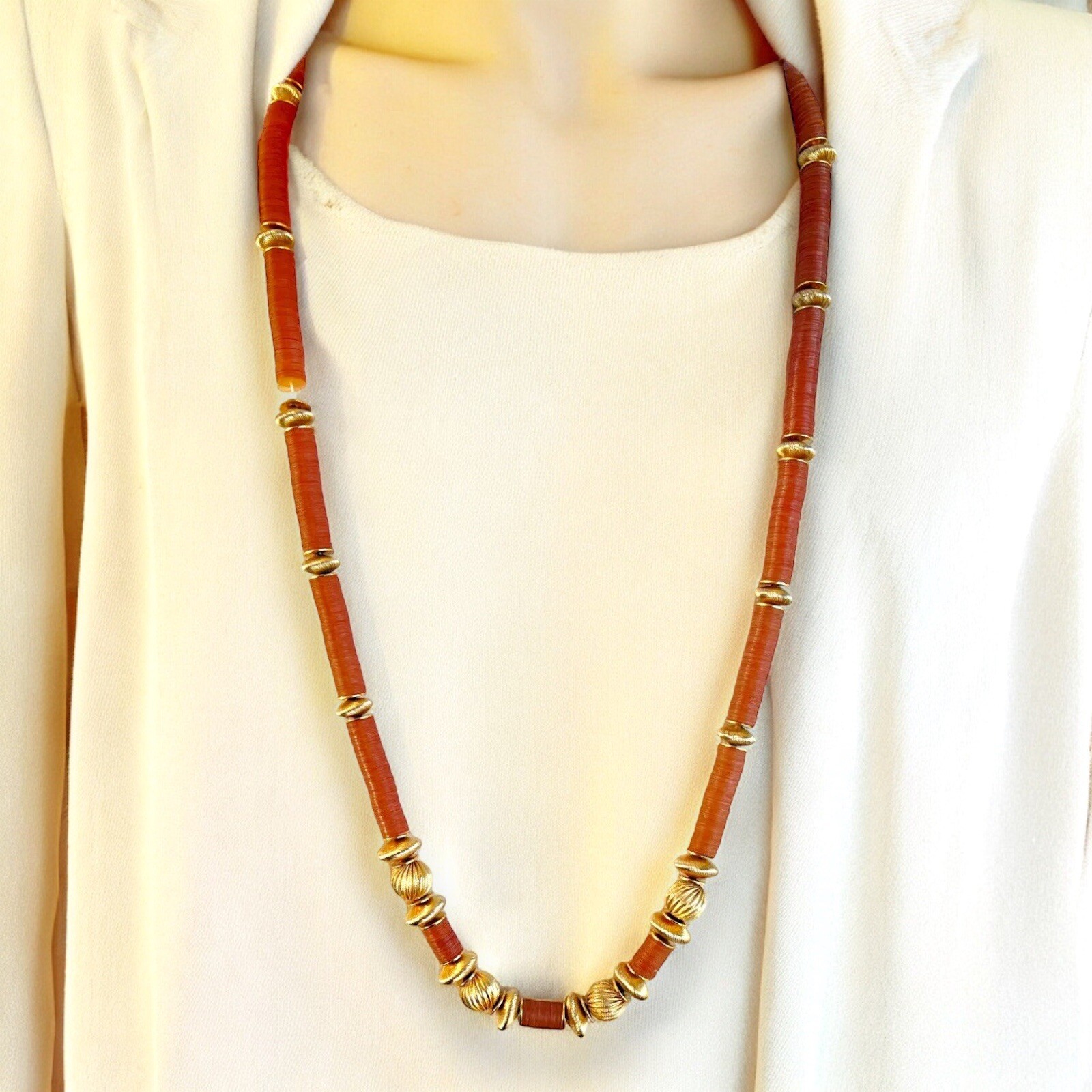 Gay Boyer Necklace Amber Lucite Gold Tone Bead 26″ Vintage Signed