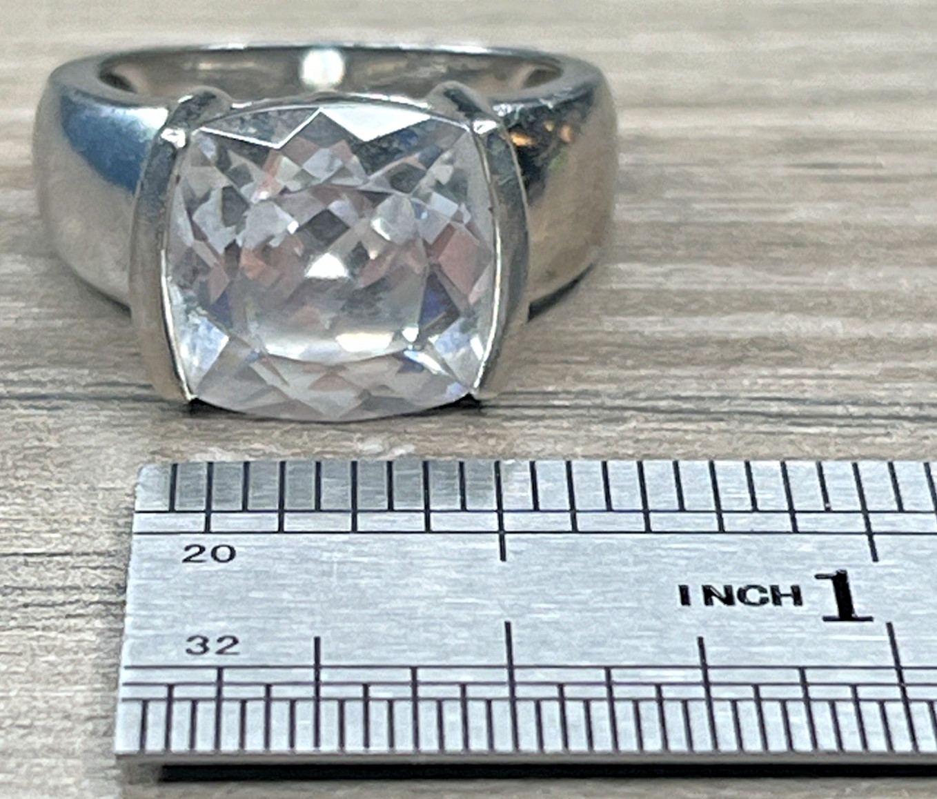 Big Large Clear CZ Cushion Cut Solitaire Vintage CI Sterling 925 Wide Ring SZ 8