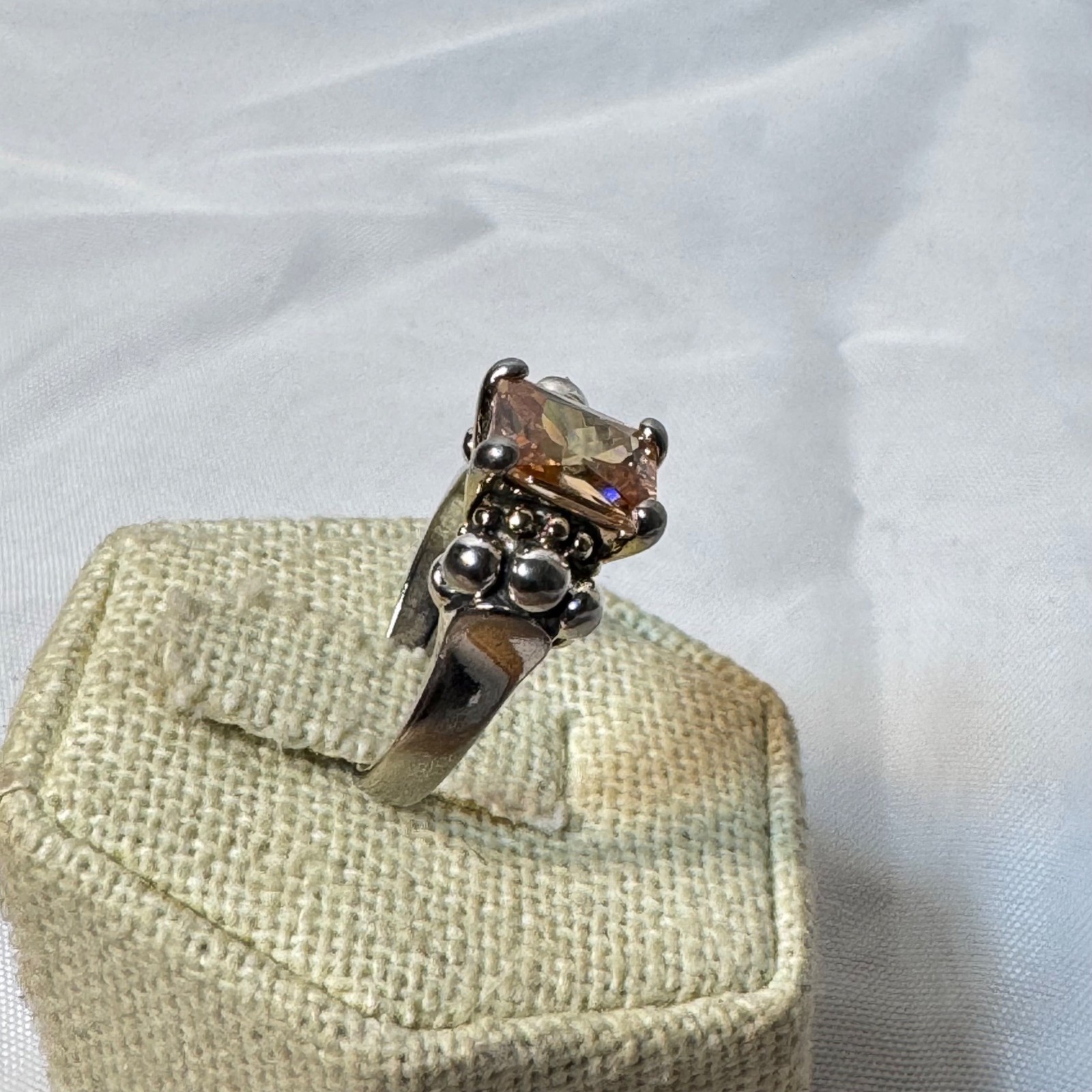 Emerald Cut Peach CZ Beaded Tapered Shoulders VTG Sterling Silver 925