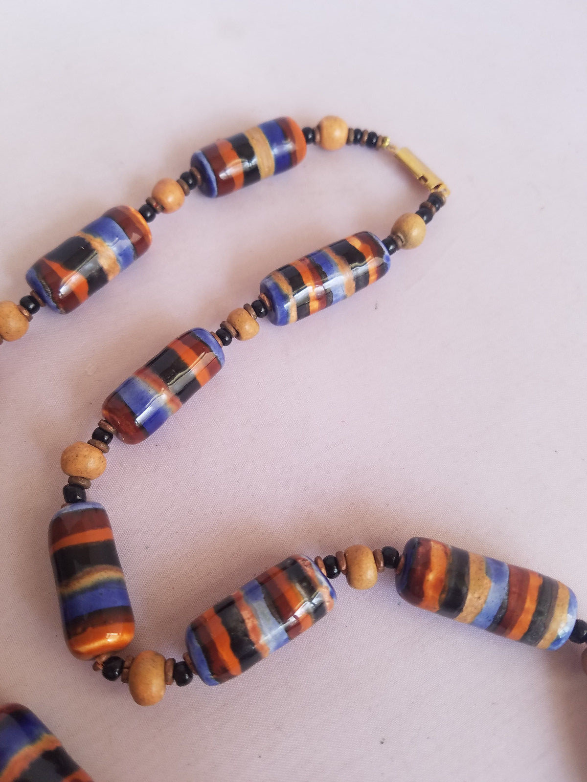 Vintage Ceramic Bead Necklace Orange Blue Brown Stripe Wood Beads Earth Tones