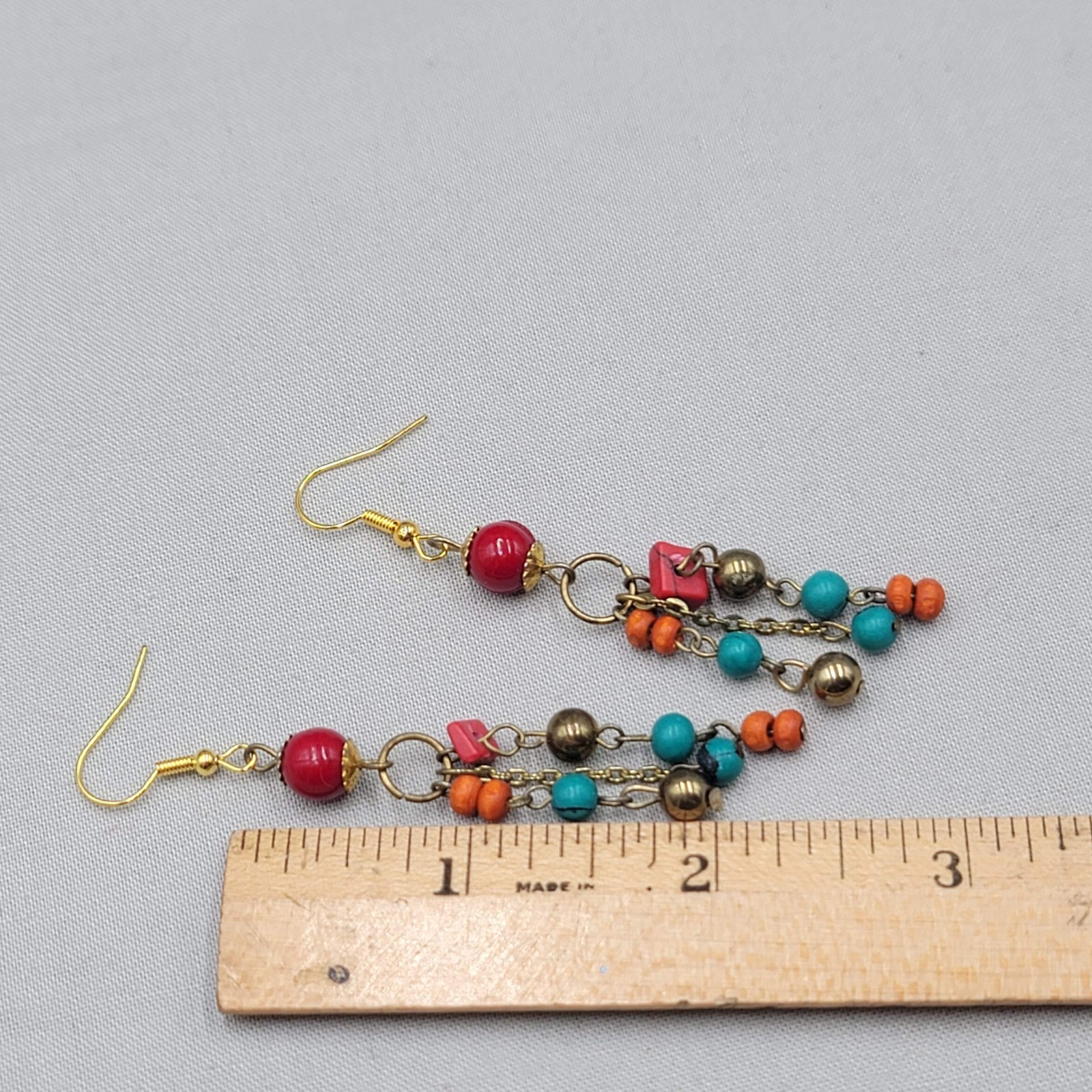 Vintage Multicolor Beaded Pierced Earrings Gold tone Dangle 2.25″