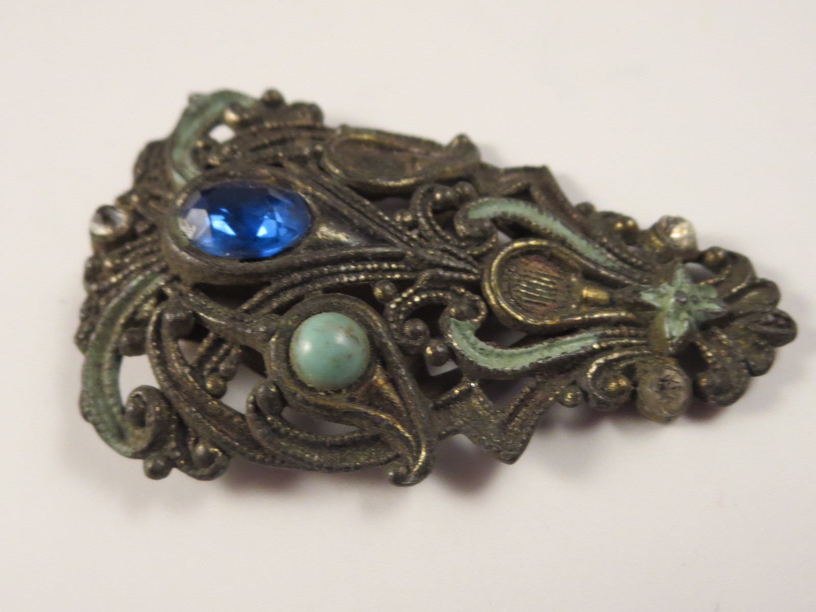 Antique Art Deco NE Signed New England Glass Works Blue Rhinestone Dress Clip