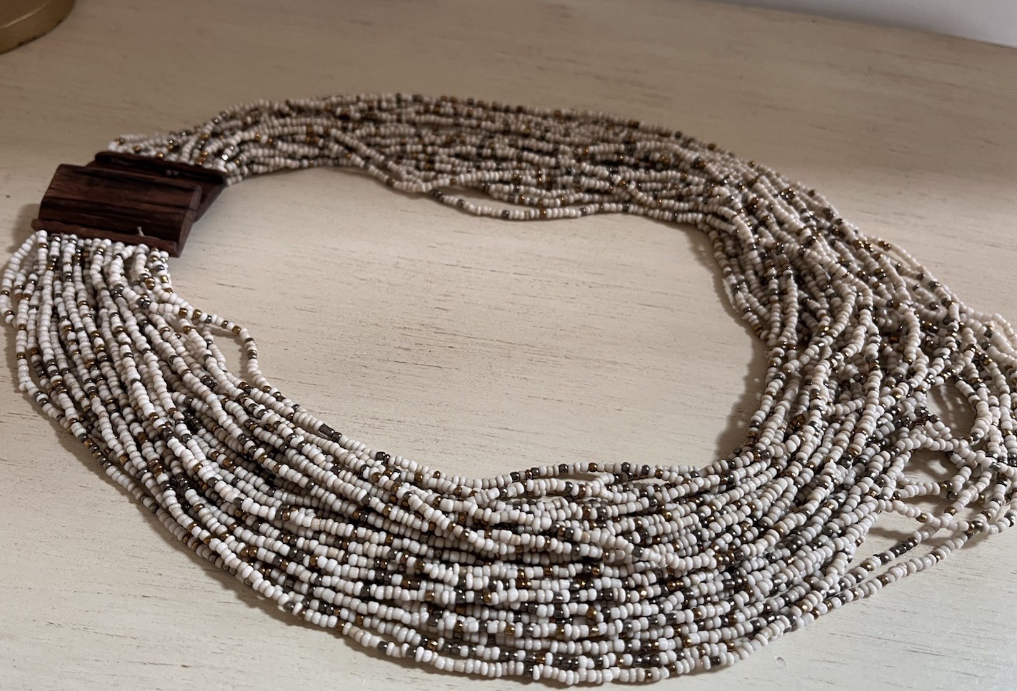 Vintage Multi Layered Ivory Gold Glass Seed Beaded Wood Hook Clasp Boho Necklace