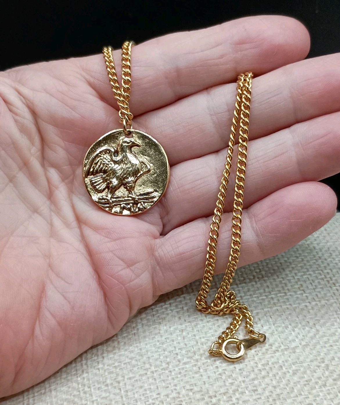 Vintage Avon Coin Pendant Necklace Double Sided Roman Soldier Eagle Gold Tone