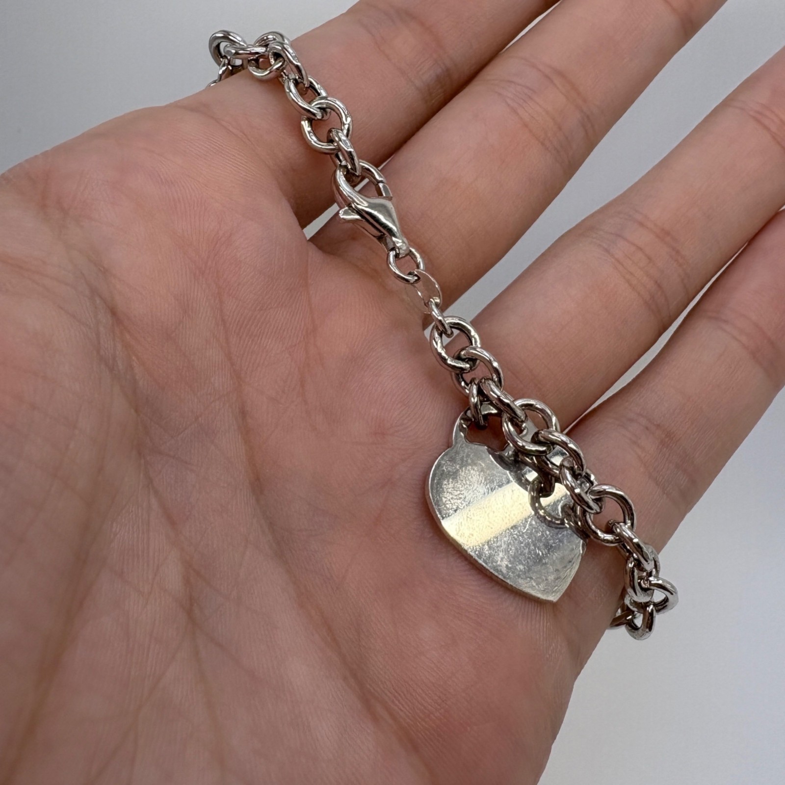 Heart Tag Round Link Chain Bracelet VTG Sterling Silver 925 Size 7.5″ Length