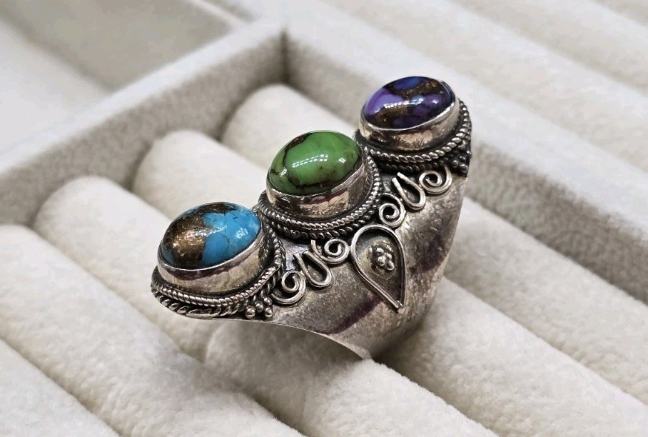 Vtg Blue, Purple & Green Copper Turquoise 925 Sterling Silver Handmade Ring Sz 6